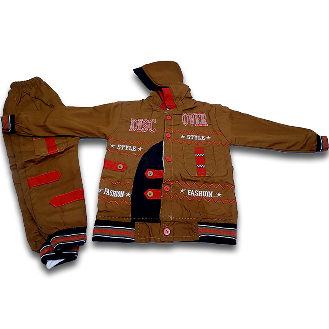 Cotton elasticated cuffed hem front buttons hood with stylish trouser for kids boys