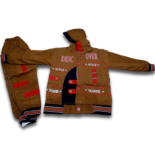 Cotton elasticated cuffed hem front buttons hood with stylish trouser for kids boys