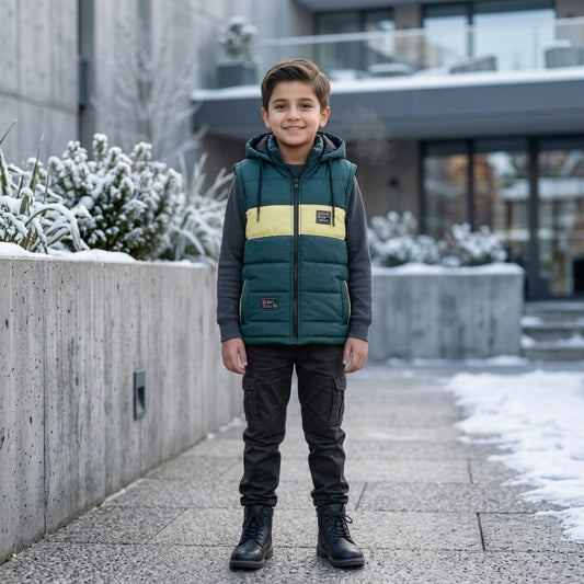 Boys Sleeveless Puffer Parachute Jacket – Green