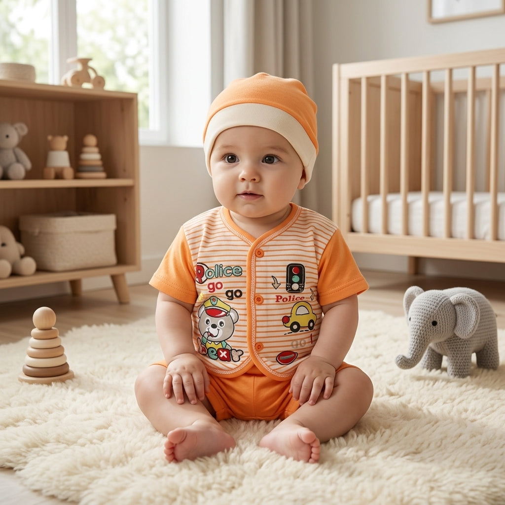 Newborn Baby Shirt Trouser With Cap Set | Soft Cotton Baby Dress For Boys & Girls