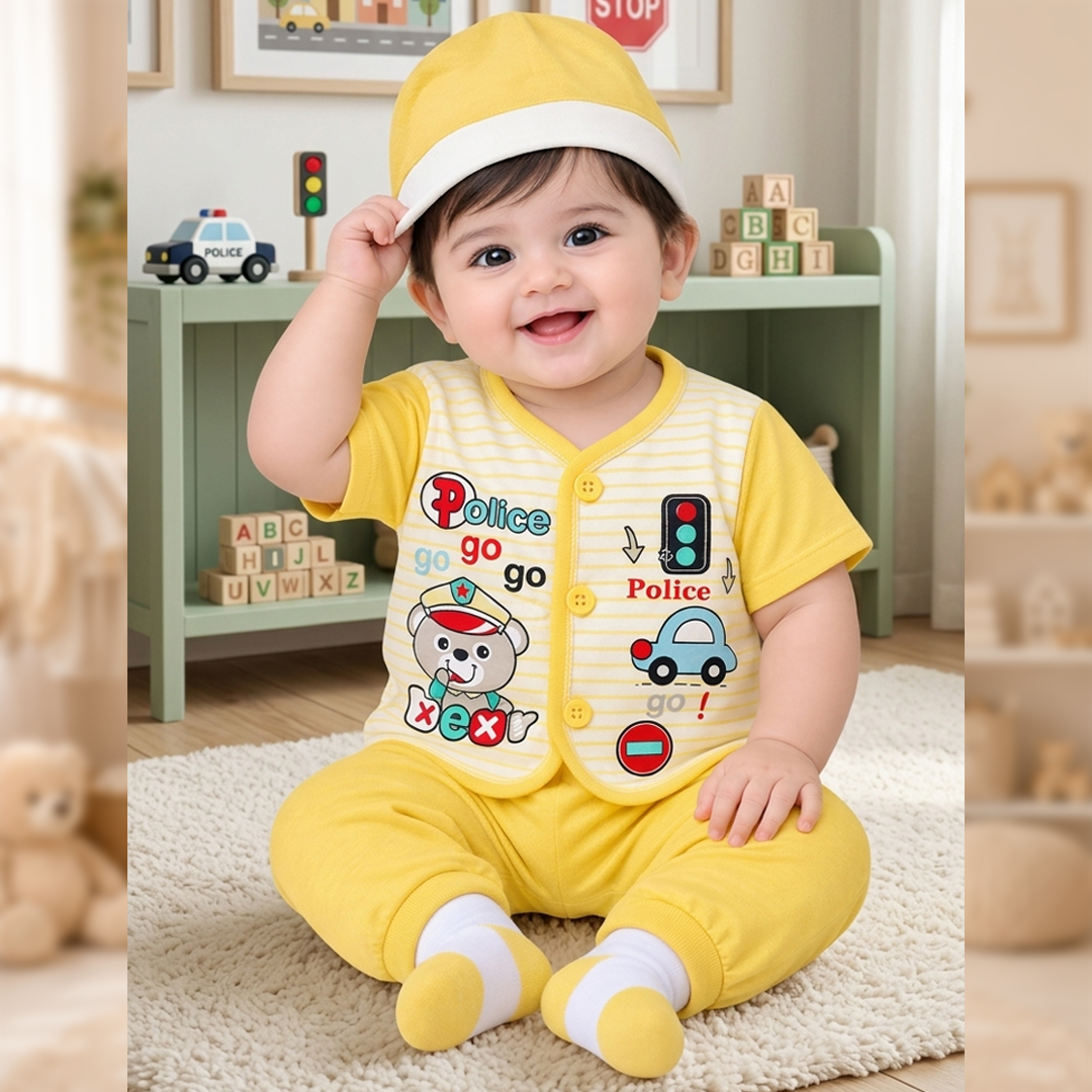 Newborn Baby Shirt Trouser With Cap Set | Soft Cotton Baby Dress For Boys & Girls