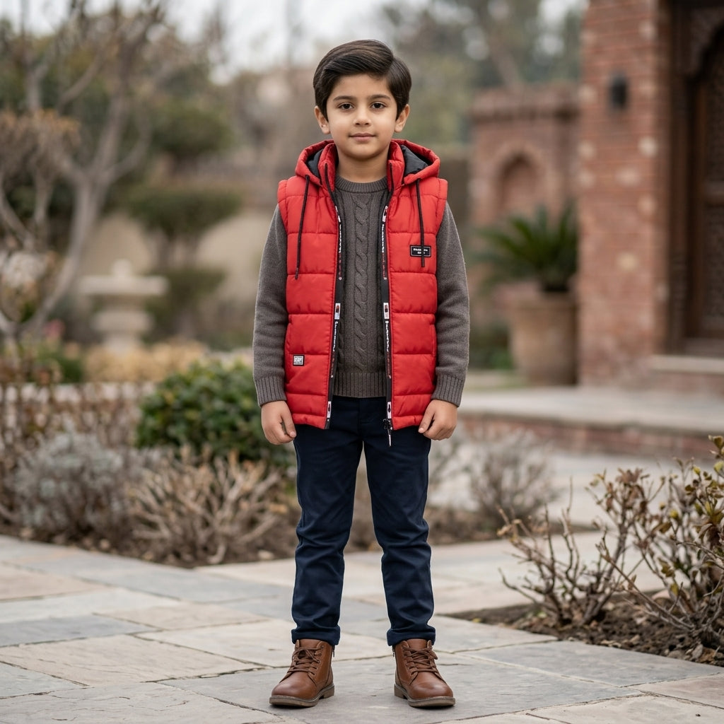 Boys Sleeveless Puffer Jacket in Red | Kids Winter Parachute Jacket