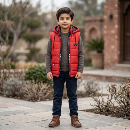 Boys Sleeveless Puffer Jacket in Red | Kids Winter Parachute Jacket