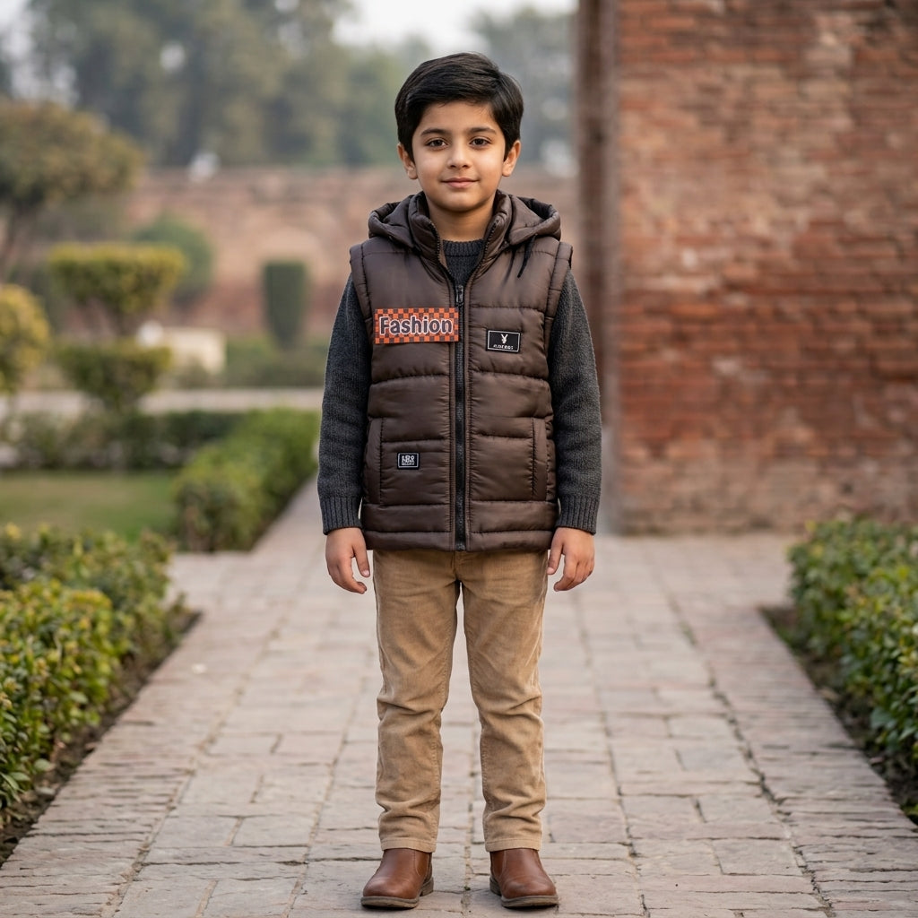 Boys Sleeveless Puffer Jacket in Brown | Kids Winter Parachute Jacket