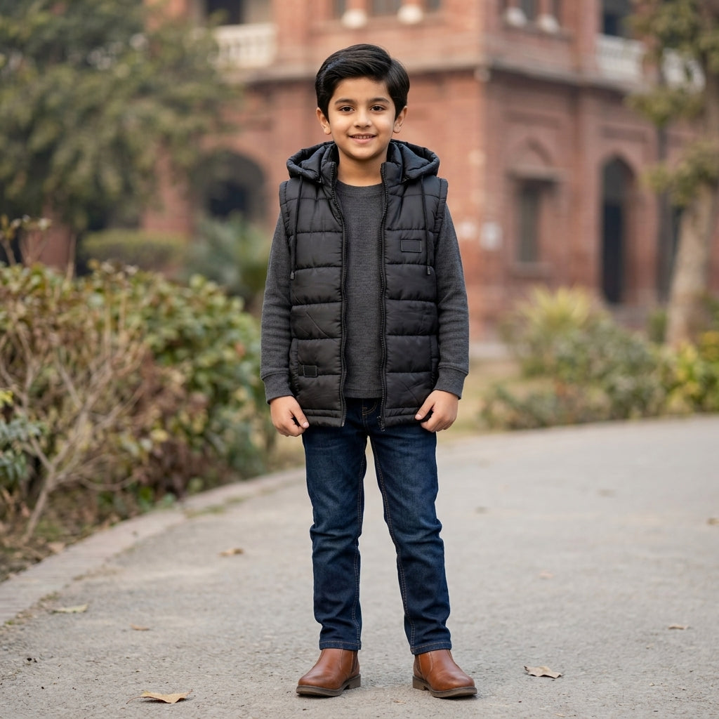 Boys Sleeveless Puffer Jacket in Brown | Kids Winter Parachute Jacket