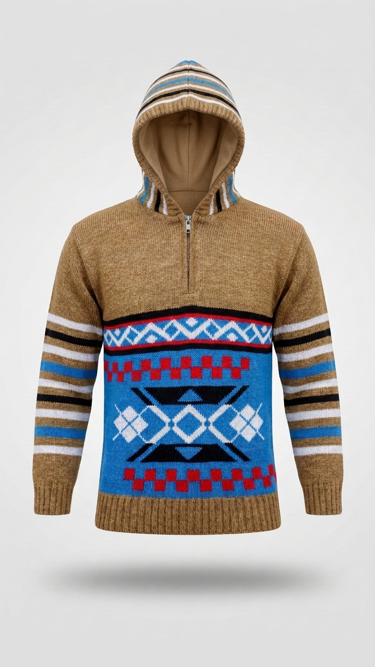Casual knit sweater for boys in brown color with full sleeves and attached cap