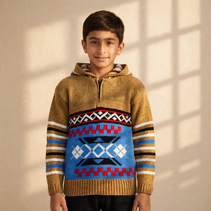 Casual knit sweater for boys in brown color with full sleeves and attached cap