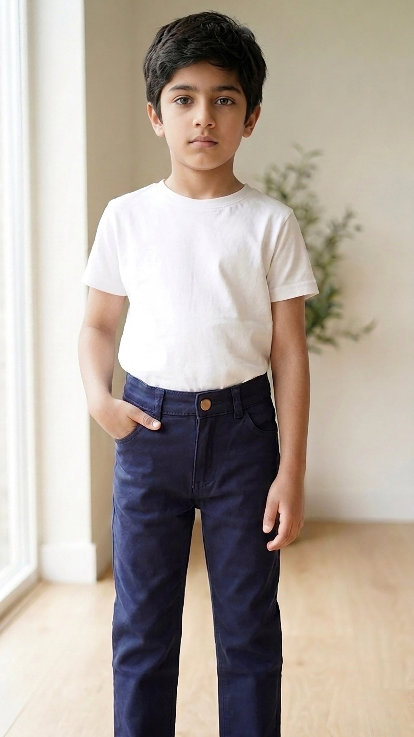 A young boy standing indoors wearing a plain white short-sleeve crewneck t-shirt and dark navy blue pants, with his hands in his pockets.