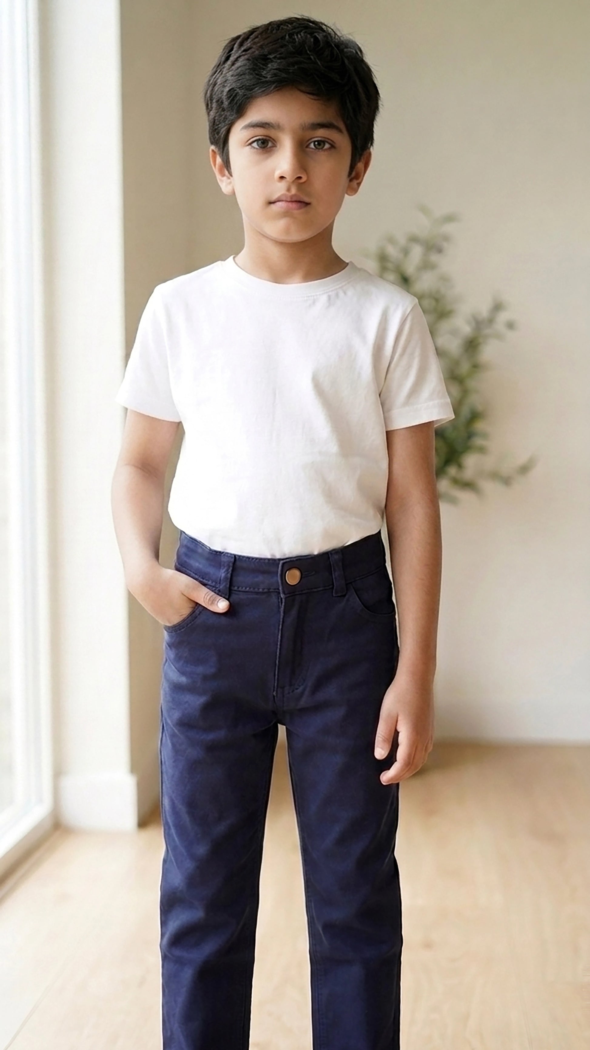 A young boy standing indoors wearing a plain white short-sleeve crewneck t-shirt and dark navy blue pants, with his hands in his pockets.