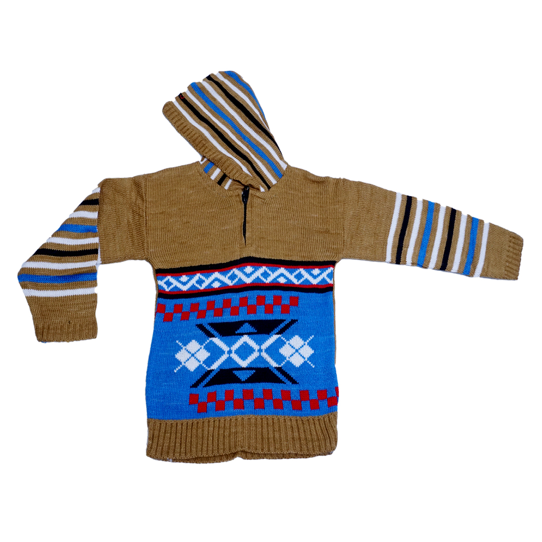 Casual knit sweater for boys in brown color with full sleeves and attached cap