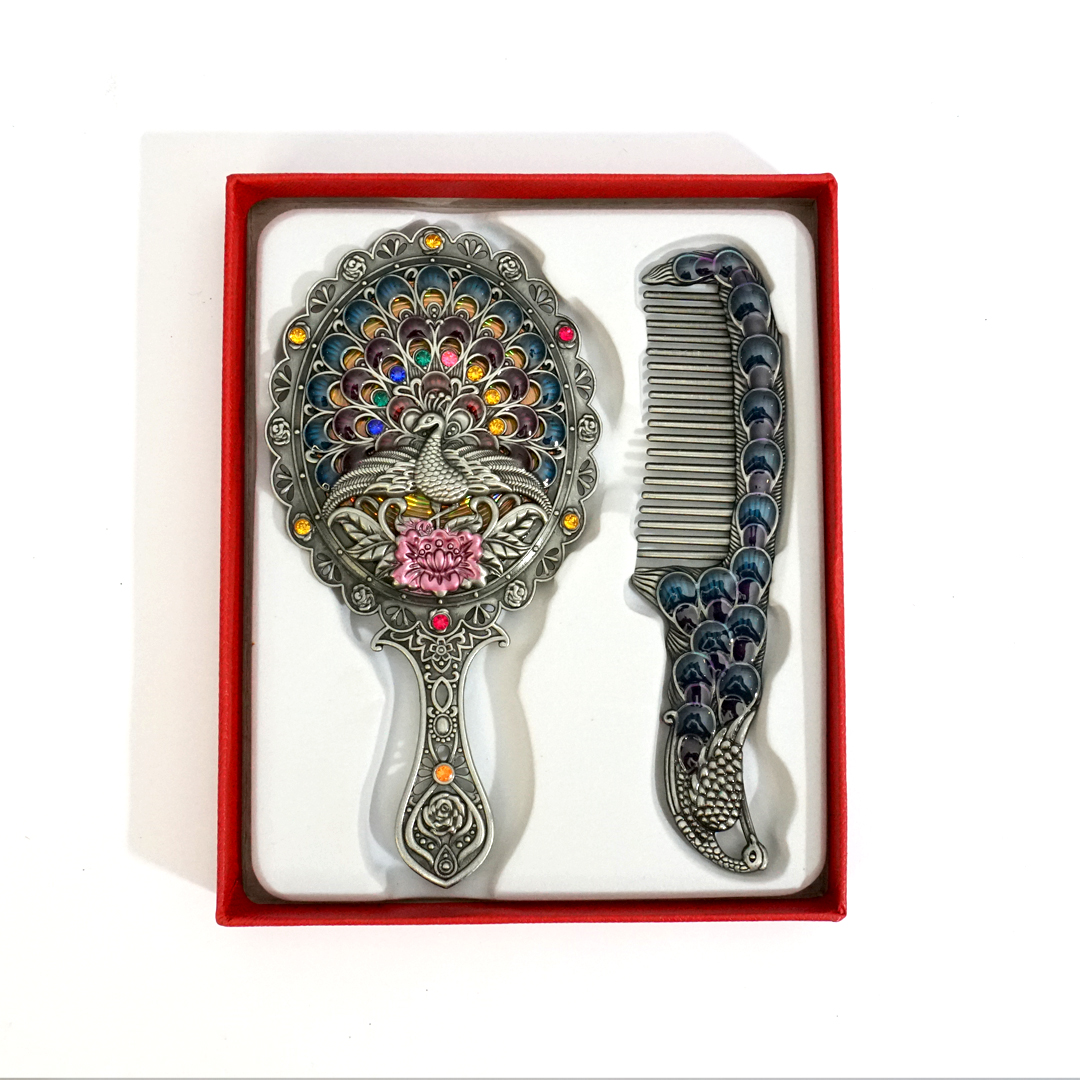 Antique comb and mirror set in royal blue