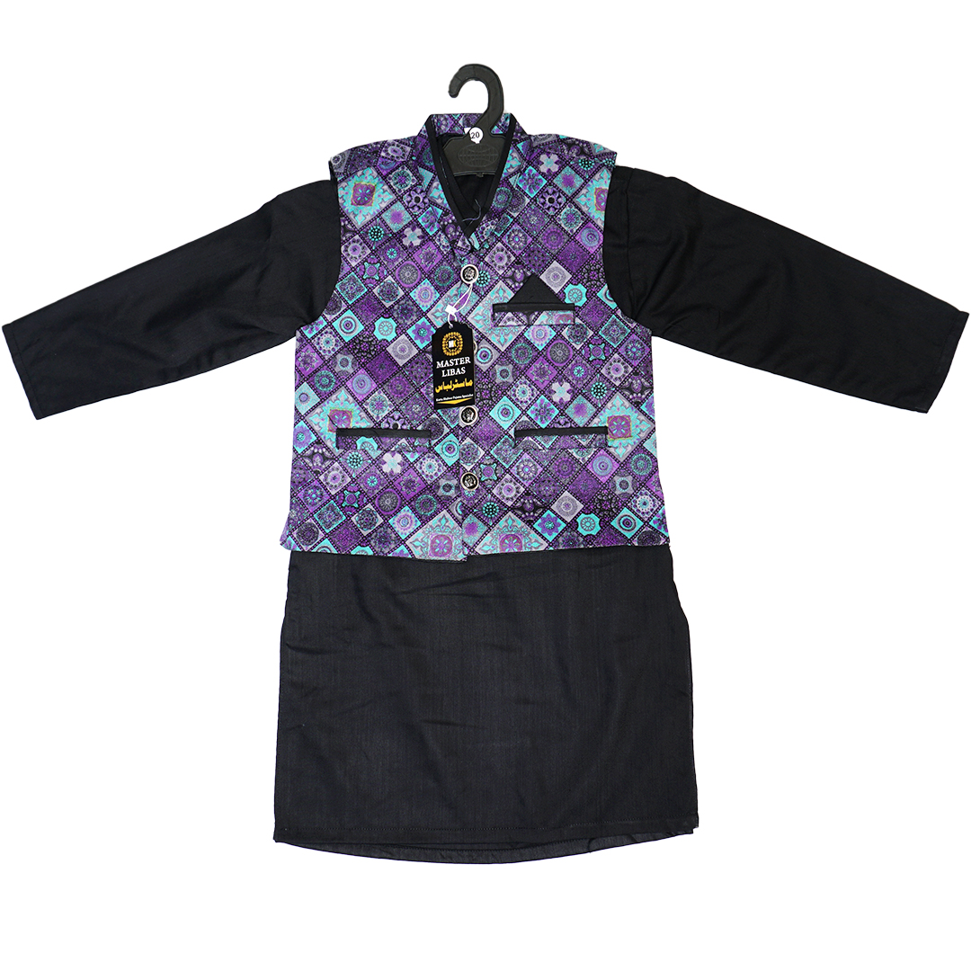 Black Kurta Pajama with Embroided wascoat-3Pcs